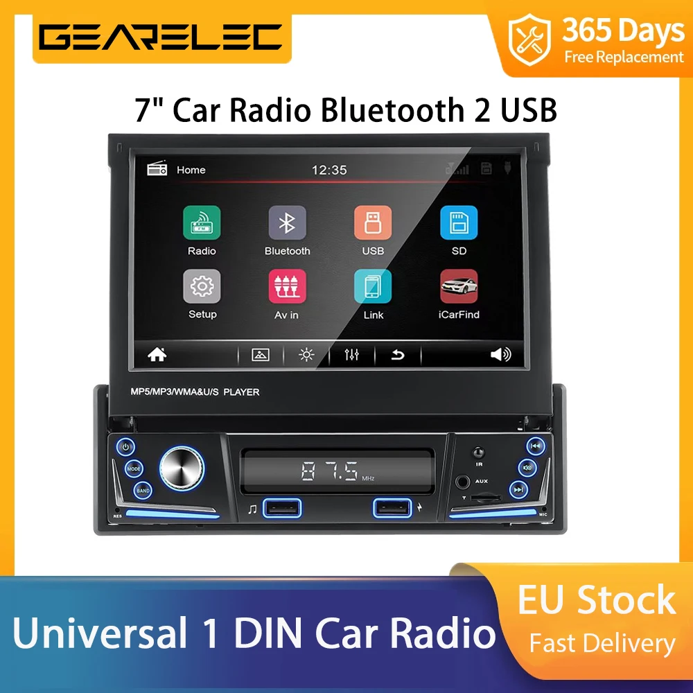 1 Din Car Stereo Audio Radio Bluetooth 1 Din 7 "Hd Touch Screen Retrattile Lettore Multimediale Mp5 Tf Fm Usb Player