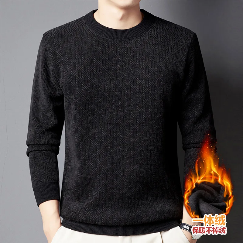

Autumn and Winter New Outdoor Chenille Fleece-lined Thickened Sweater Men's round Neck Long Sleeve Thermal Bottoming Shirt