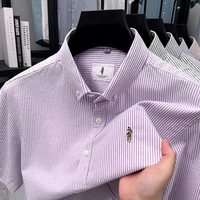Chemise à manches courtes pour hommes, marque de luxe de qualité, 100 coton, revers cheval brodé, chemise à rayures, nouvelle mode d'été, vêtements de bureau 5
