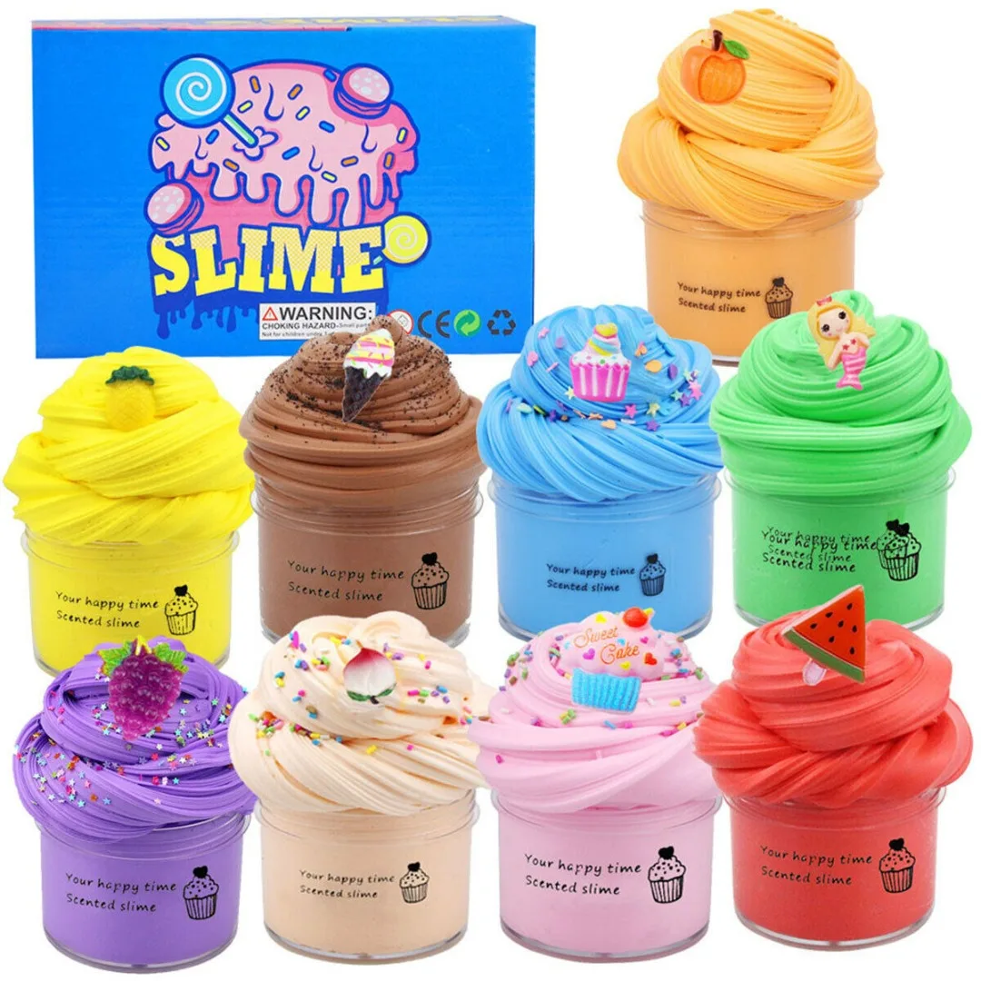 8 Pack Butter Slime Kit with Cake, Animal, Candy and Fruit Accessories -  Super Stretchy, Non-Sticky, Educational Stress Reliever for Kids, Boys and