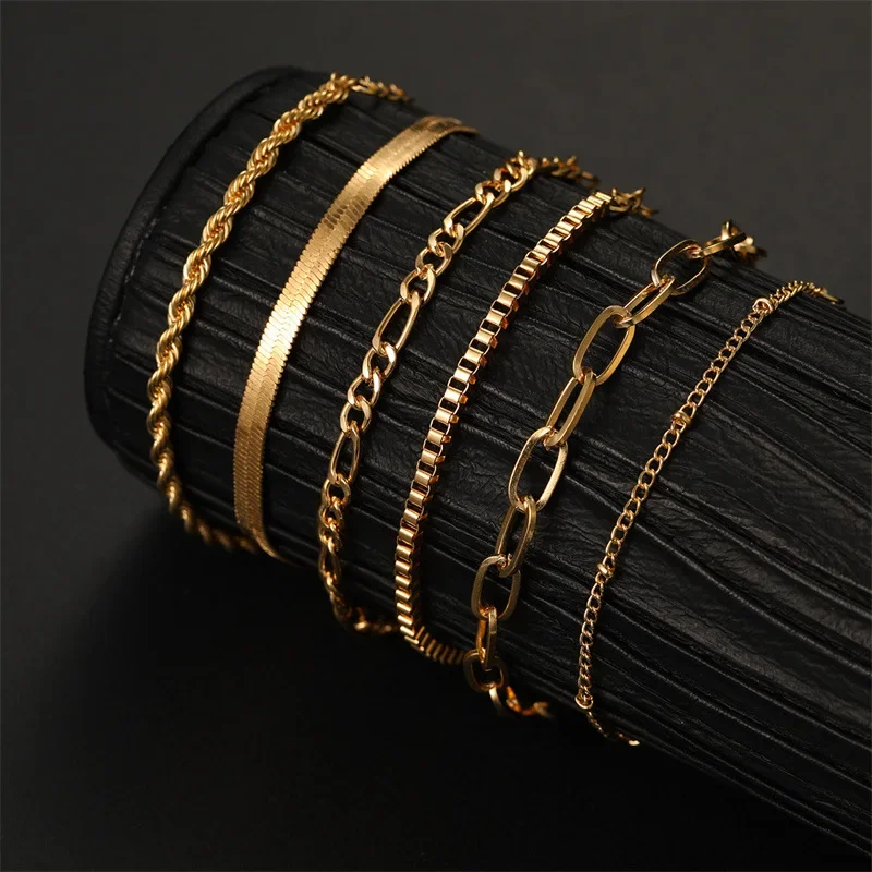 Bracelet Set Boho Retro Thick Twist Cuban Chain 6Pcs for Women