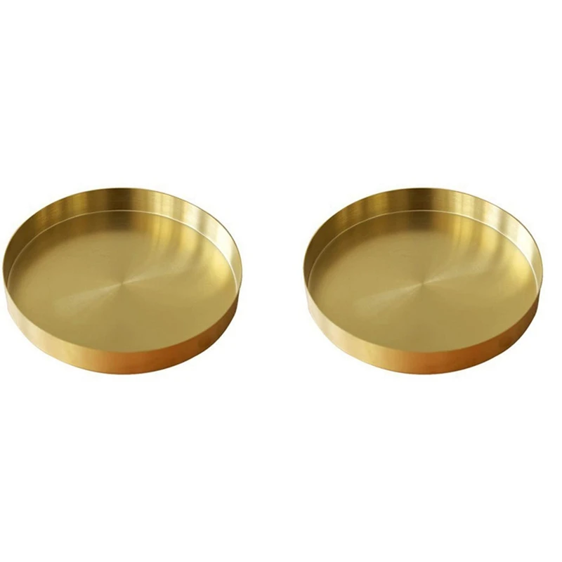 

2X Round Gold Tray,Metal Decorative Tray Makeup Tray Organizer For Vanity,Bathroom,Dress,Matte Brass Finish, 4.9 Inch