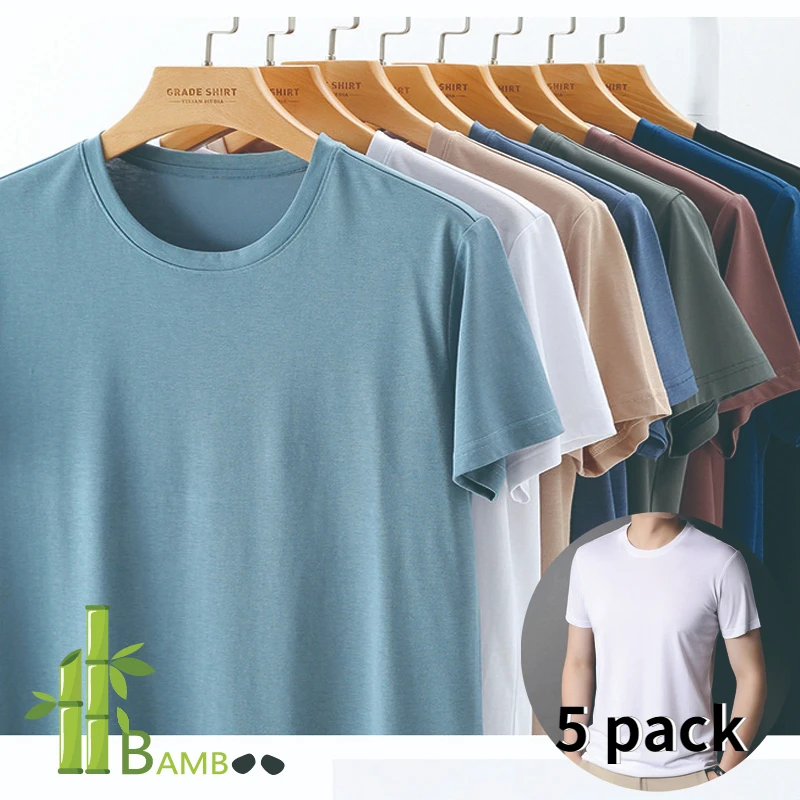 5PackBAMBOOAndSILKBlendCoolMensTShirtsSolidShortSleeve