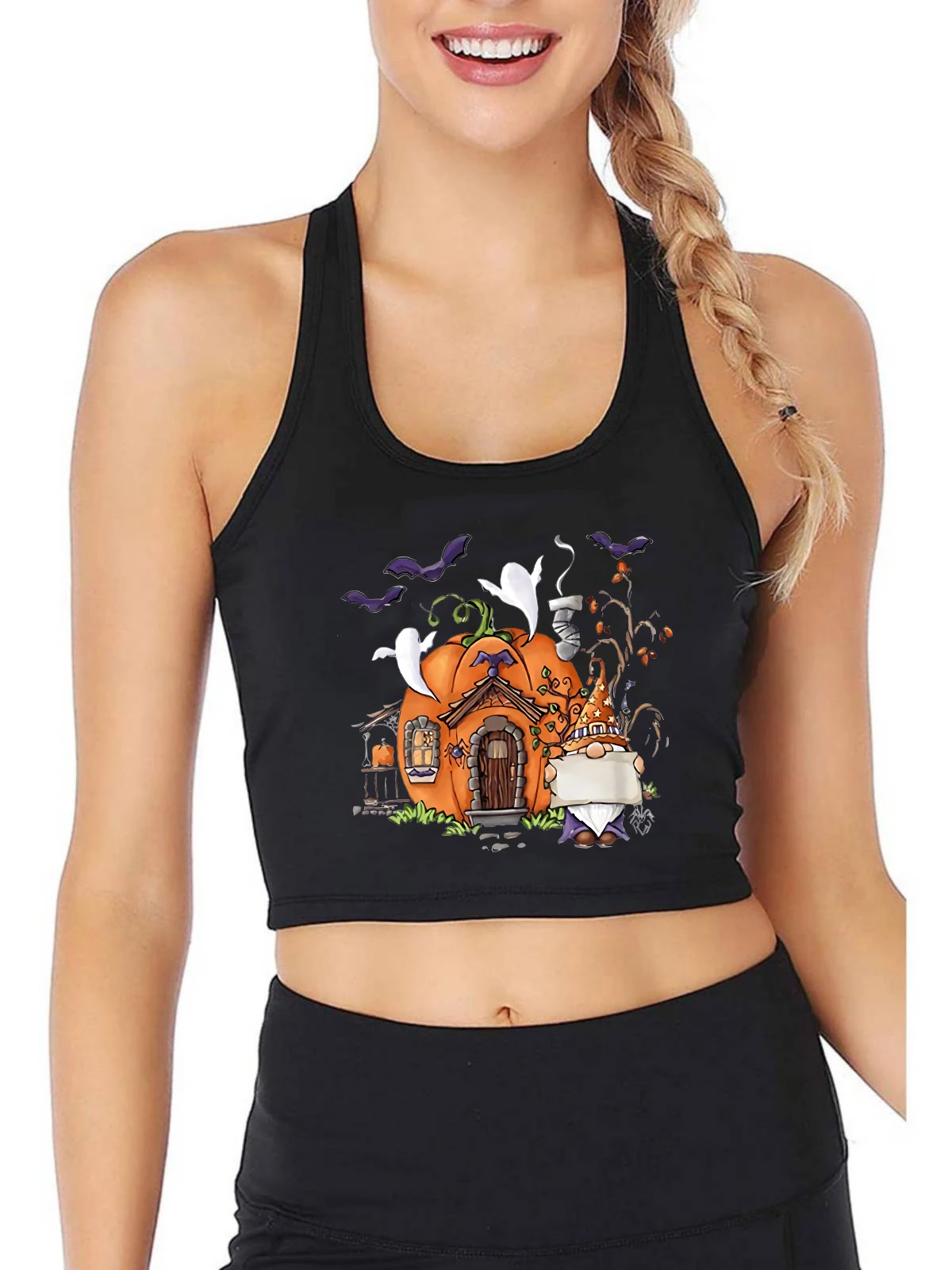 

Pumpkin House Graphic Sexy Cute Crop Top Women's Funny Halloween Tank Tops Fashion Gothic Casual Camisole