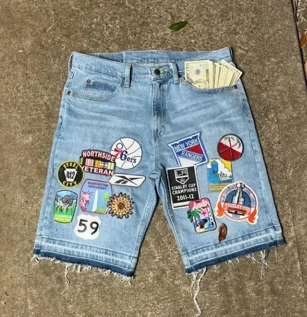 Denim Shorts American Retro Y2K Antique Patchwork for Men And Women