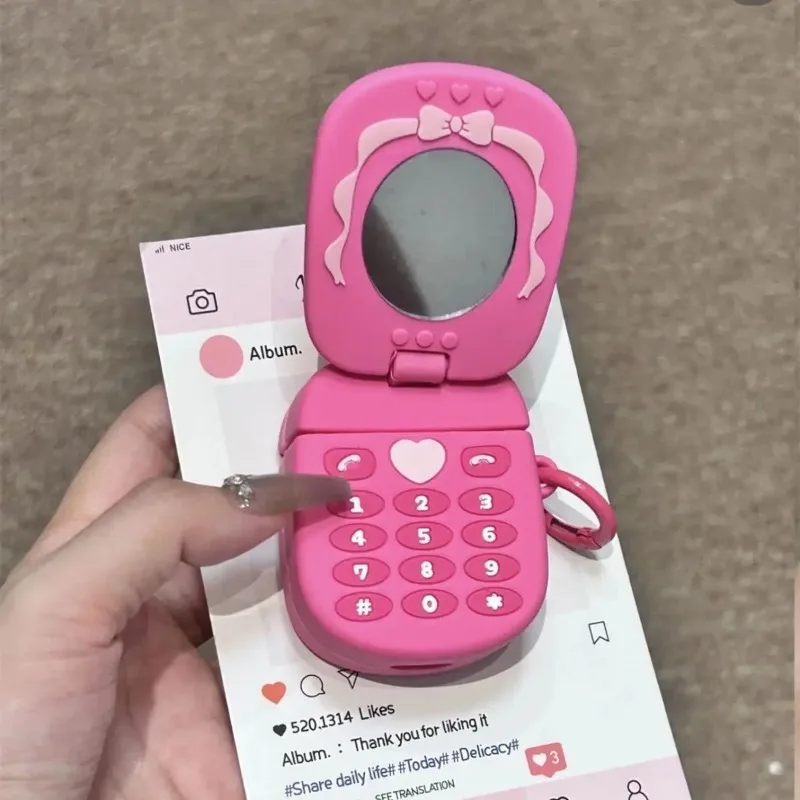 Pink Love Flip Mirror Phone Headphone Cover For apple airpods1/2 Pro Pro2 3 4 Simulation Silicone Retro Soft Case