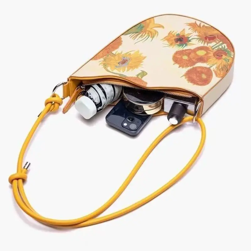 Retro Sunflower Rope Knot Shoulder Bags Women Yellow Oil Painting Leather Wave Edge Handbag Ladies Fashion Niche Underarm Bag