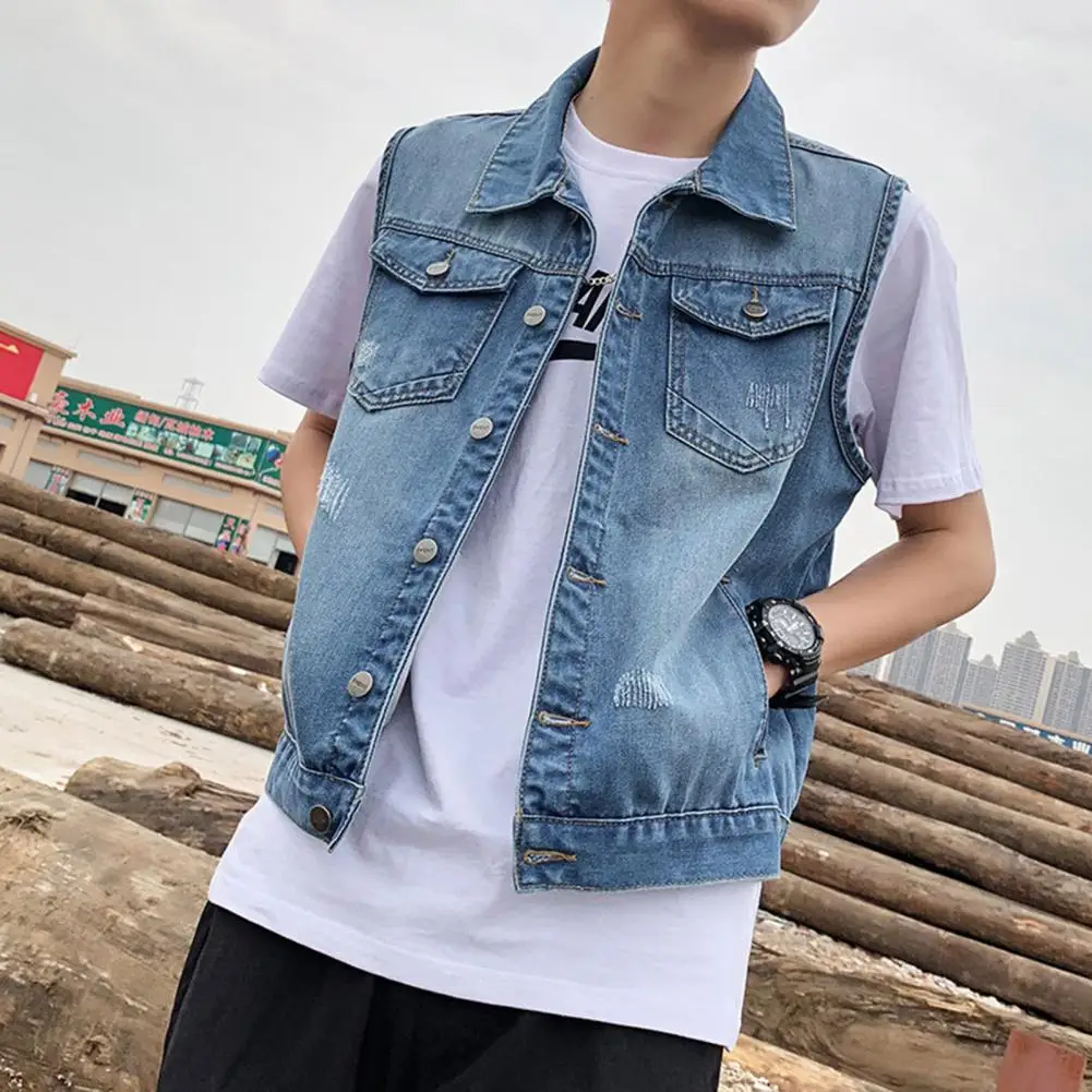 Sleeveless Denim Vest Men's Sleeveless Denim Jacket with Ripped Holes Pockets Single Breasted Washed Waistcoat for Casual Style