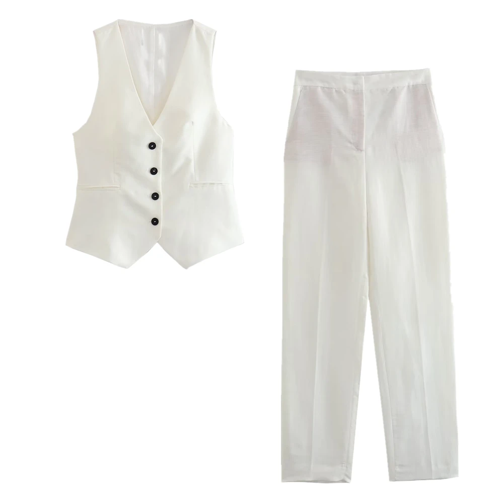 

Withered French Fashion Blogger White Double-Breasted Linen Vest Tops Casual Straight Suit pants women's Sets