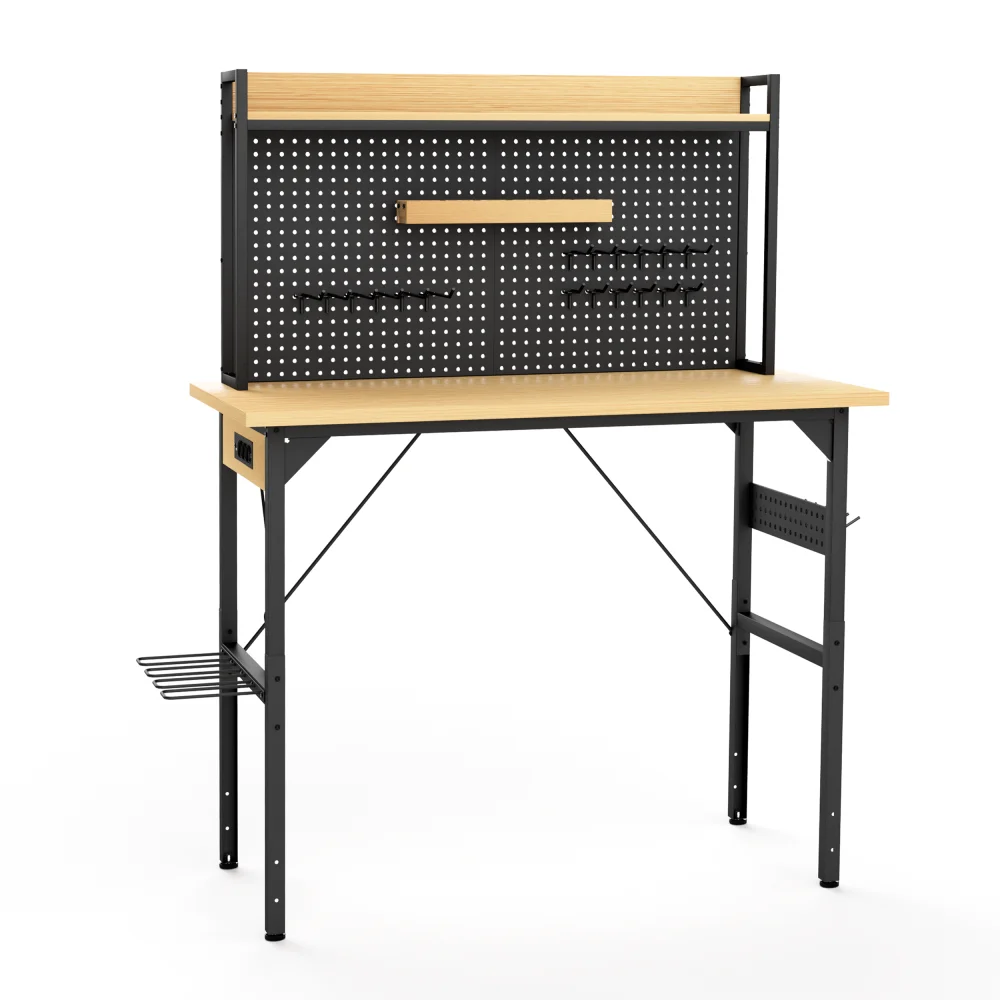 48'' Verstellbare Mobile Werkbank, Holz-Garagenbank mit Lochplatte, 700KG Tragfähigkeit, AC/USB-Ladeanschluss, Ablagefach – Detail 12