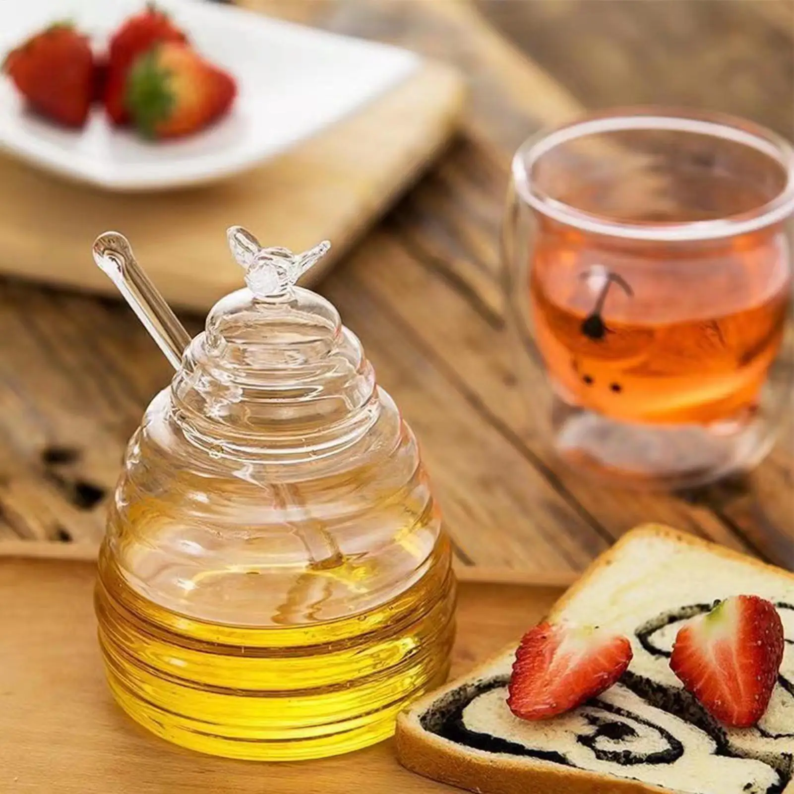 Glass Honeycomb Tank Kitchen Tools Honey Storage Container with Dipper and Lid Honey Bottle for Wedding Party Kitchen Home