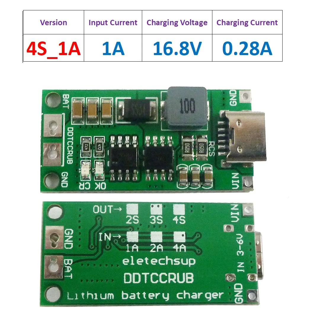 

DDTCCRUB 1A/2A/4A 2/3/4 Cell Lithium Battery Charging Board Step Up Module Boost Converter Type-C Li-ion Battery Charger Board