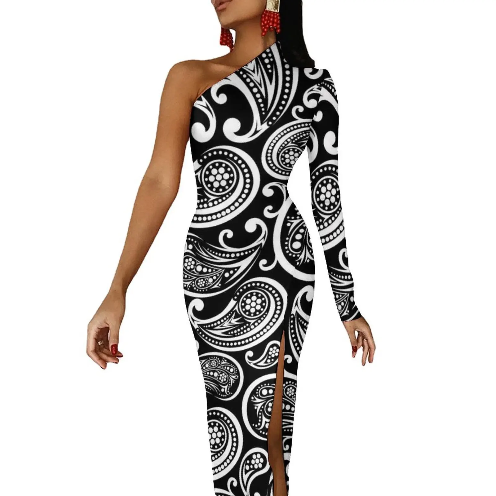 

Classic Paisley Long Dress Female White And Black Party Maxi Dress Spring Vintage Bodycon Dresses High Slit Custom Vestido