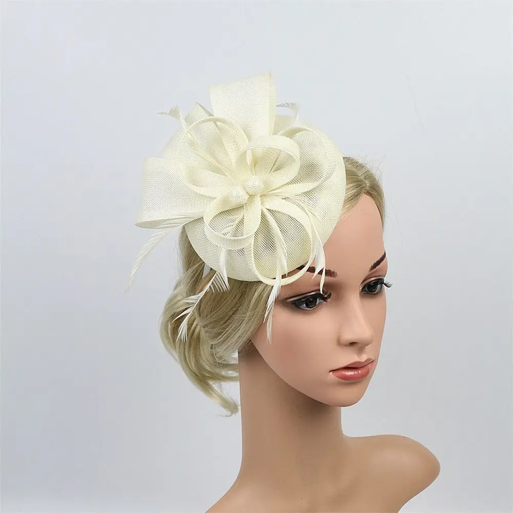 Women Wedding Evening Party Mesh Headband Flower Hat Fascinator Caps Feather Ladies Hat