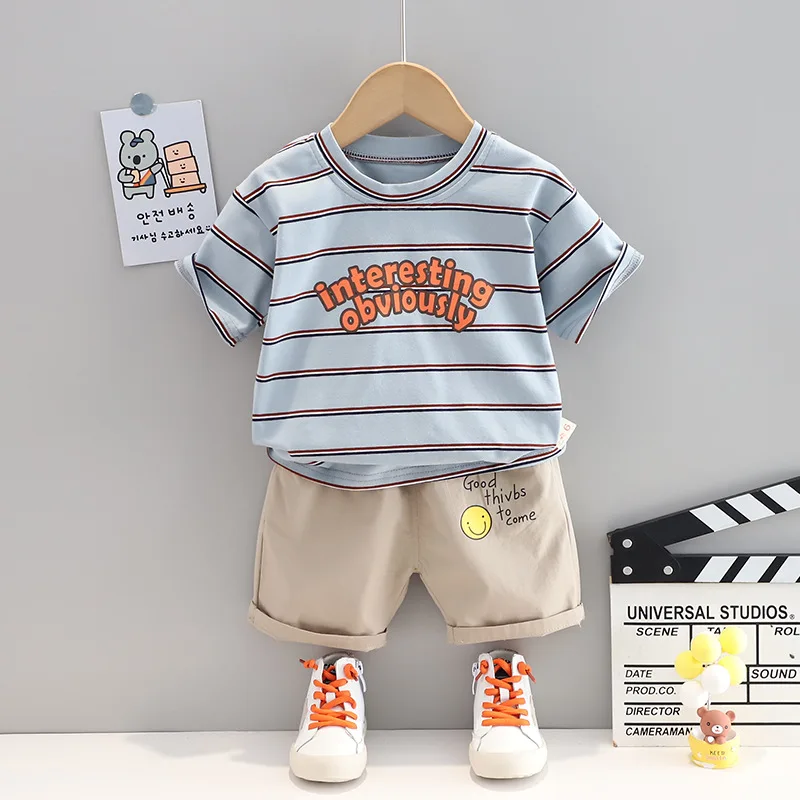 

Child Summer Set Baby Clothes Boy 6 to 9 Months Striped Letter Printed T-shirts Tops and Shorts Suits Outfits Kids Tracksuits