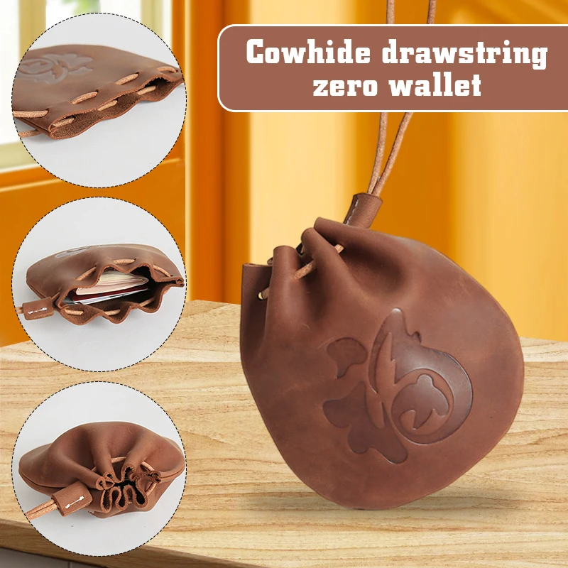 Genuine Leather Coin Purse Men Women Vintage Cowhide Leather Small Coin Wallet Money Pocket Drawstring Storage Bag