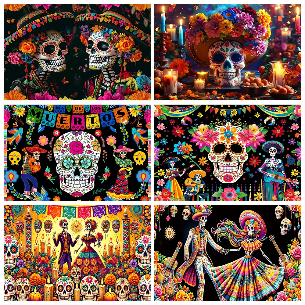 Dia De Los Muertos Aperturee Day Of The Dead Backdrop 7x5ft Mexican Fiesta Sugar Skull Photography Background Dress Up Party Decorations Photo Booth Props Banner Marigold Backdrop