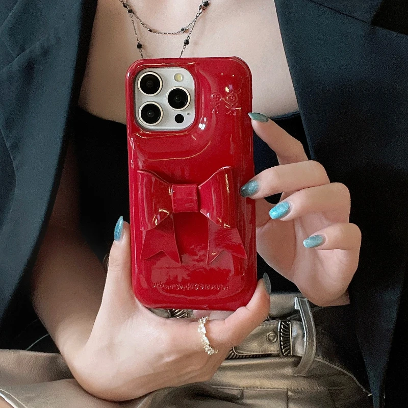 Korean Vintage Red 3D Bowknot Leather Case - Creative Glossy Soap Soft Cover