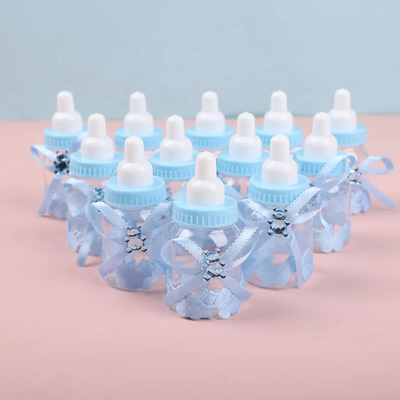 12pcs Baby Bottle Mini Blue Pink White Plastic Candy Boxes Baby Shower Favors Gifts Boys Girls Gender Reveal Party Decorations