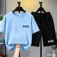 T-shirt d'été à manches courtes pour enfants de 3 à 12 ans, ensemble pour filles et garçons, blanc et noir, t-shirt + short, 2 pièces, ensemble de loisirs à la mode pour enfants 1
