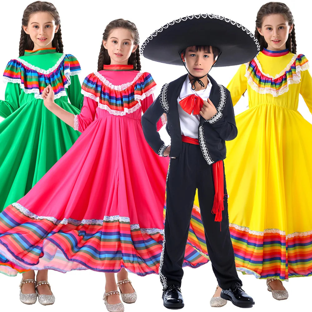 Kids Mexican Costume Girls Boys Traditional Folk Dancer Dress National Style Festival Carnival Dress Without Hats