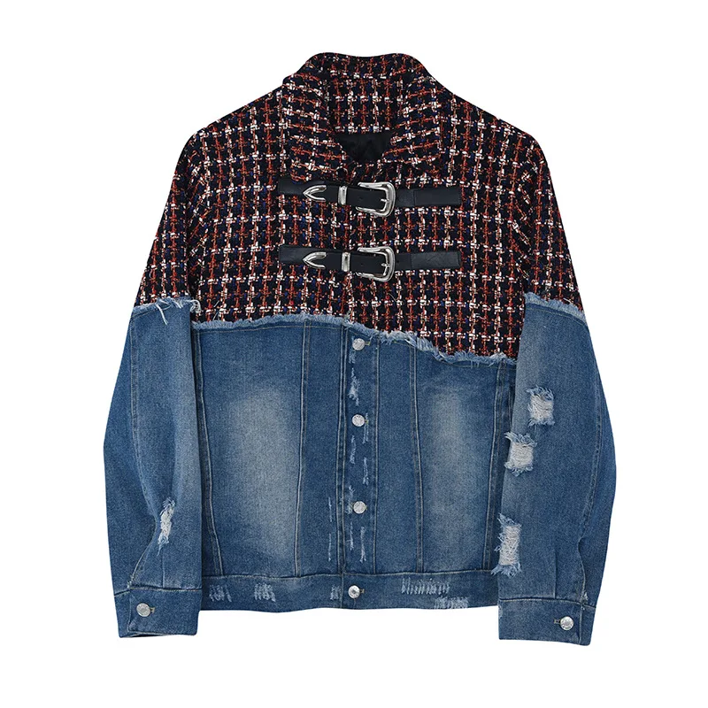 

SuperAen Cowboy Holes Old Plaid Stitching Jacket Fashion High Street Long Sleeve Autumn Jeans Jacket Women