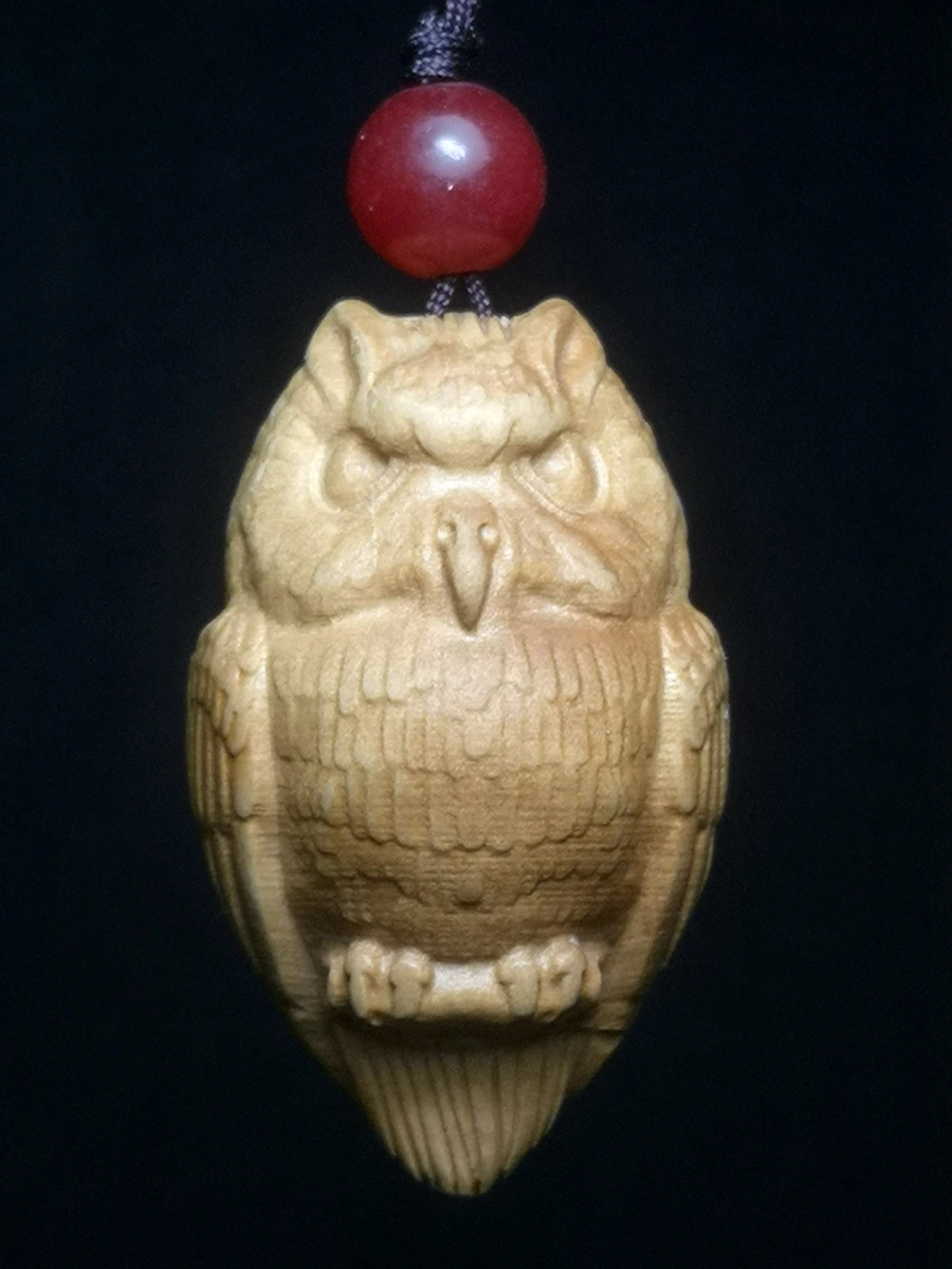 

1919 Chinese boxwood hand Carved Lovely owl statue haversack mobile telephone netsuke decoration collection gift
