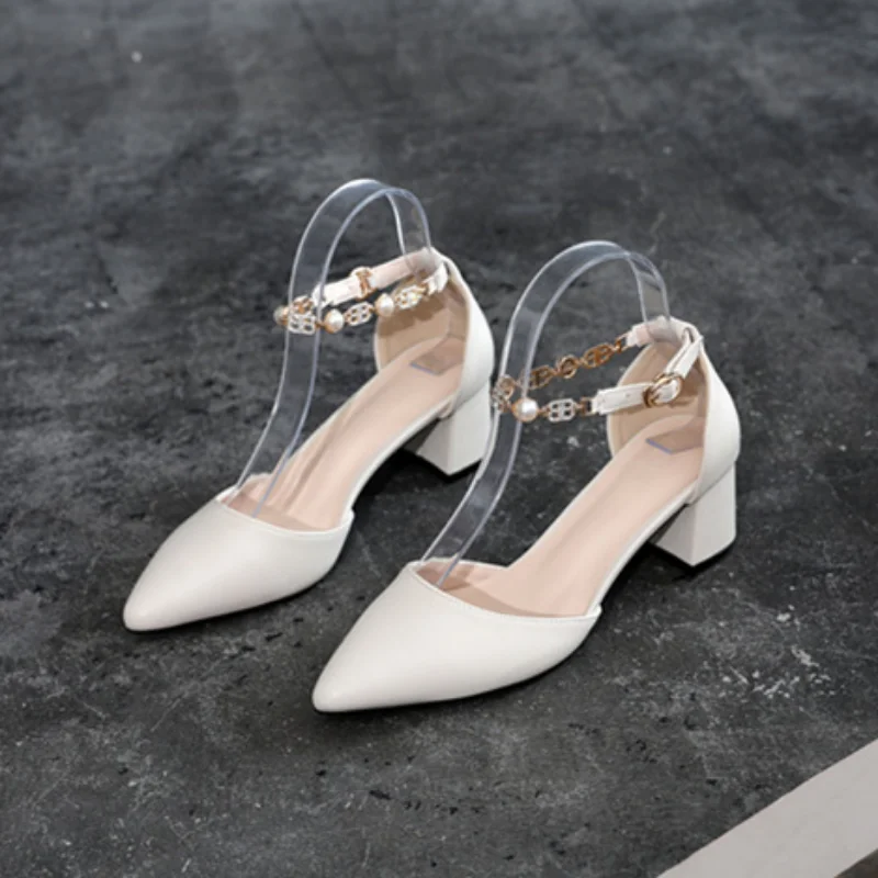 2024 New High-heeled Shoes Pointed Thick Heels Pumps Small Size Buckle Shoe Female Sandals Large Size 30 31 32 33 34 43 44 5