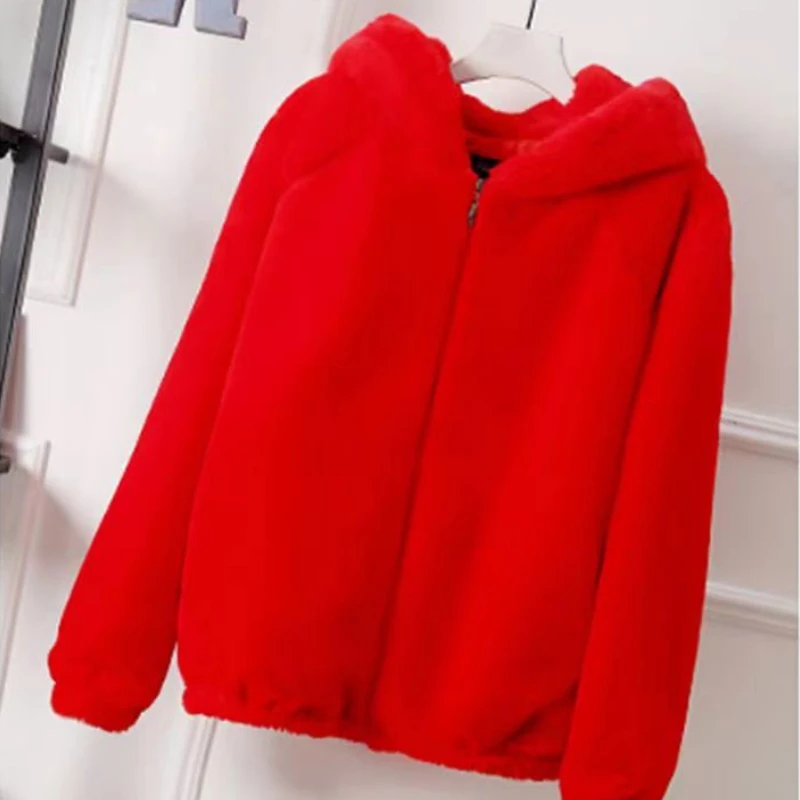 Lady Artificial Fur Hooded Soft  Women's Jacket White Grey Pink Rabbit Imitation Fur Outcoat Winter Grass Mink Faux Fur Coat