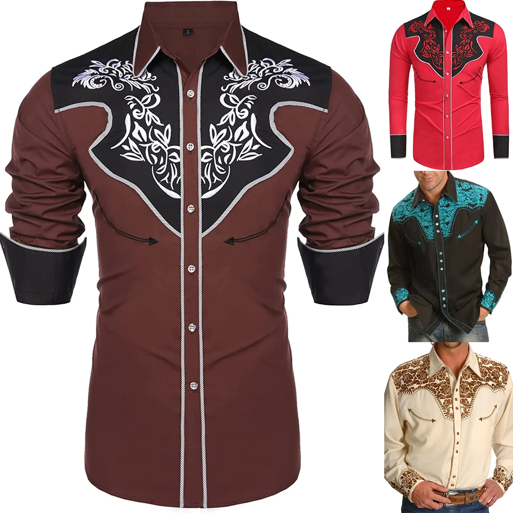 Description Picture 3 of itemNew Men Western Loose Printed Western Vintage Long Sleeve Shirts Casual Slim Button Down Dress Shirt Blouse Tops Men's Shirt