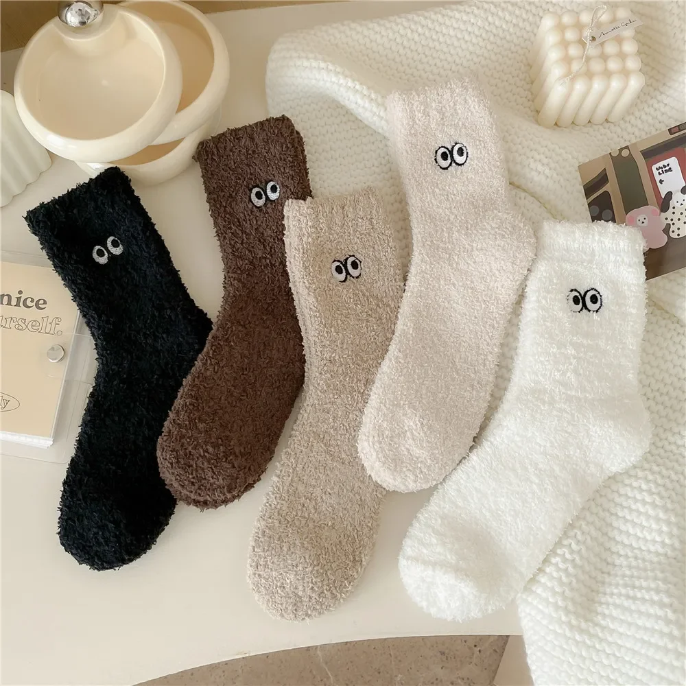 

1PR Eye Socks Fleece-Lined Thick Coral Fleece Lint-Free Autumn Tube Socks Sleeping Socks Room Socks Home Winter Warm