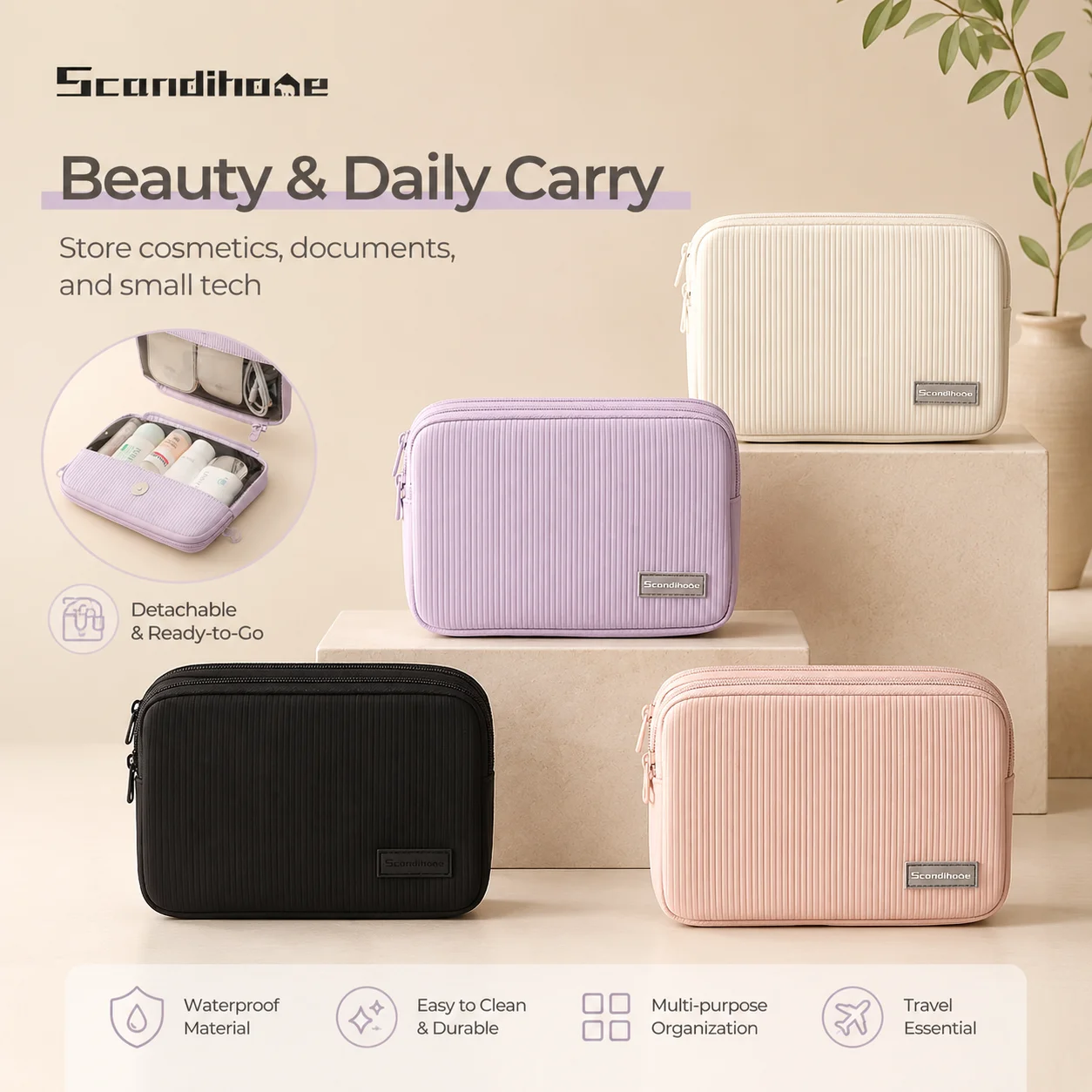 Women's Large Waterproof Travel Makeup and Toiletry Organizer with Clear Pocket