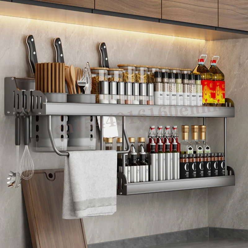 New Kitchen Seasoning Shelf Wall-mounted Free Punching Space Aluminum Knife Holder Chopsticks Storage Condiment Kitchen Shelf 45 2