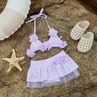 Cute 3D Flower Baby Girls Swimsuit Toddler Bikini Set Halter Neck Tie Up Tops + Elastic Waist Shorts Sheer Mesh Bathing Suit 2