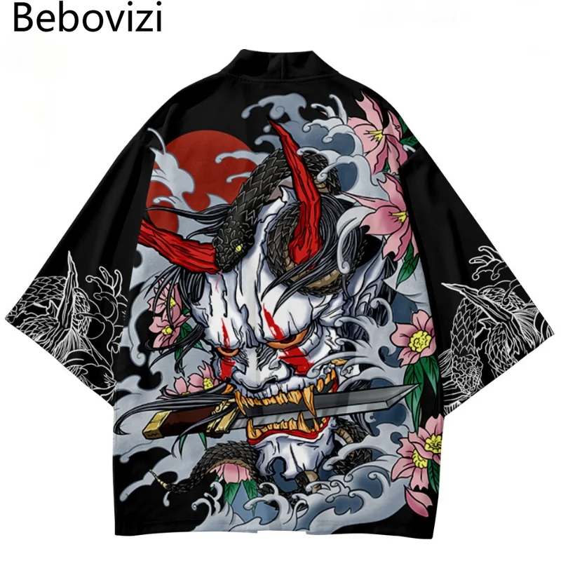 Japanese Kimono 5XL 6XL Traditional Demon Print Kimono Cosplay Samurai Haori Obi for Women Men Cardigan Beach Yukata Asian Clothes