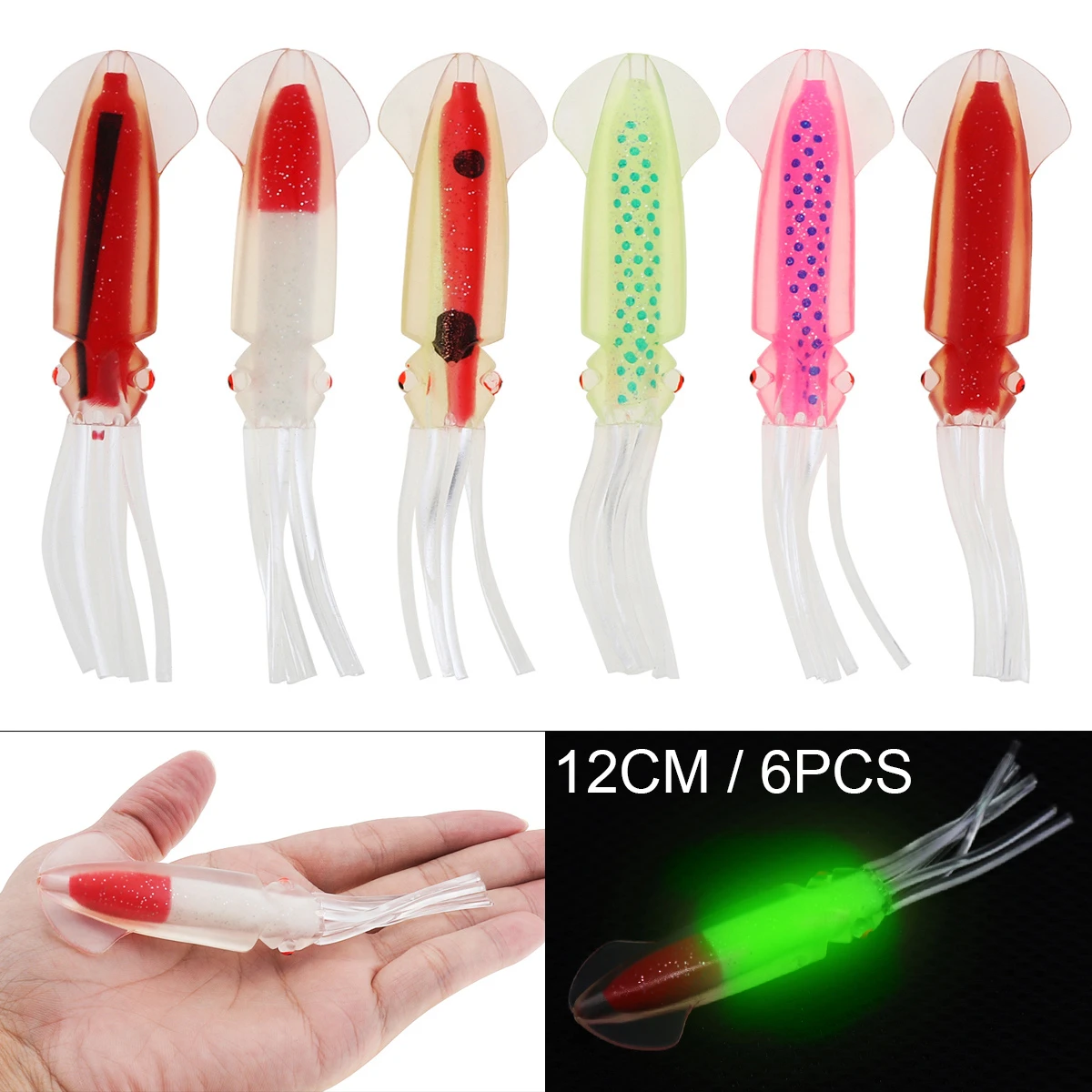 

6pcs Squid Lures Saltwater Luminous 12cm Soft Fishing Lures Lighted Baits Fishing Accessories