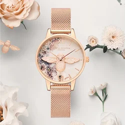 Fashion Brand OB Lady Quartz Bracelet Watch 3D Bee Dial Stainless Steel Hard Wire Mesh Strap Band Womens Wristwatch