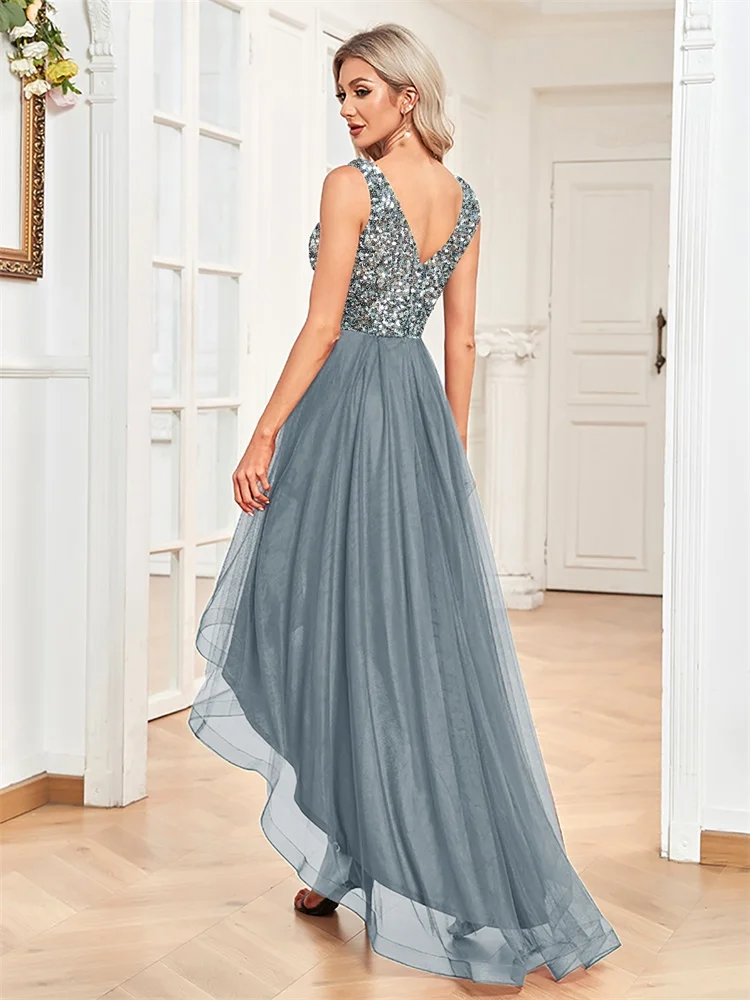 Elegant Women Sleeveless Sequins Floor Length Formal Evening Dresses Luxury V-neck Wedding Party Cocktail Gowns 2