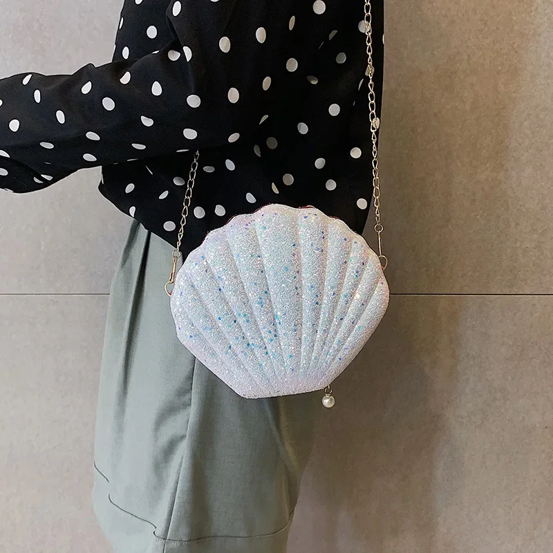 

High-end Pu Leather Handbags Cute Shell Shape Purse Fashion Chain Sequined Shoulder Bag For Women Mini Summer Bag bolsa feminina