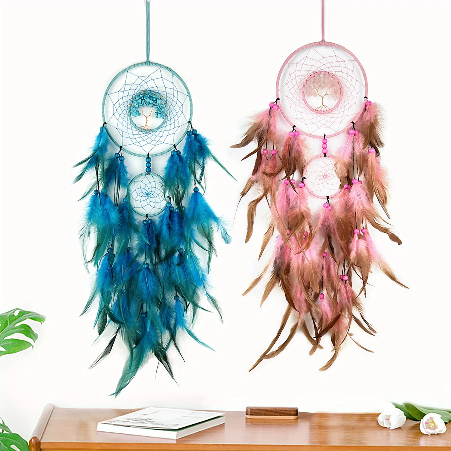 1 pc 공예 생명의 나무 비즈 드림 캐처 깃털 Dreamcatcher 소녀 방 바람 종소리 벨 침실 장식 매달려