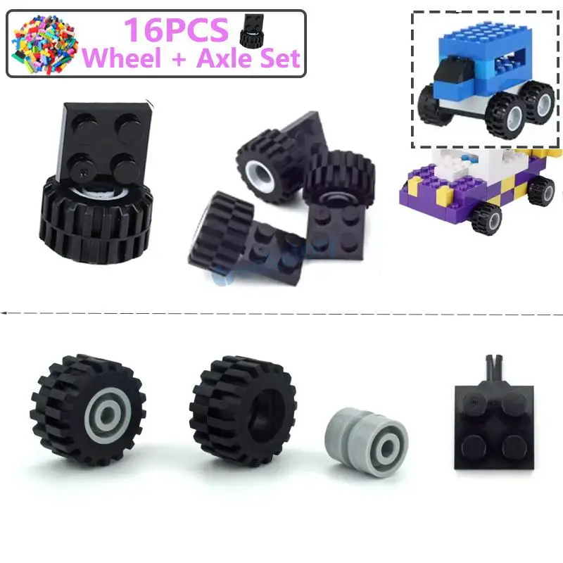 16PCS Wheel + Axle Set Small Particles Building Blocks Bulk Parts DIY Assembly Model Cars Truck Toys Bricks Wheels Accessories