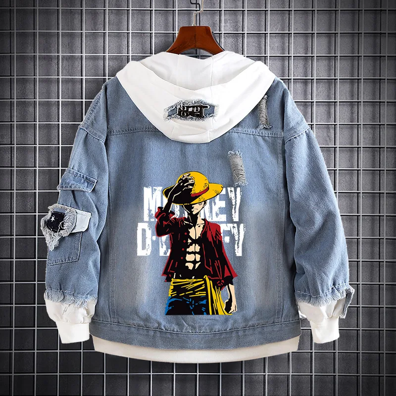 긴 소매 후드티 데님 유니섹스 애니메이션 티셔츠 캐주얼 스타일 남성 패션 얇은 소재 3D 효과 프린트 반 오픈 가디건