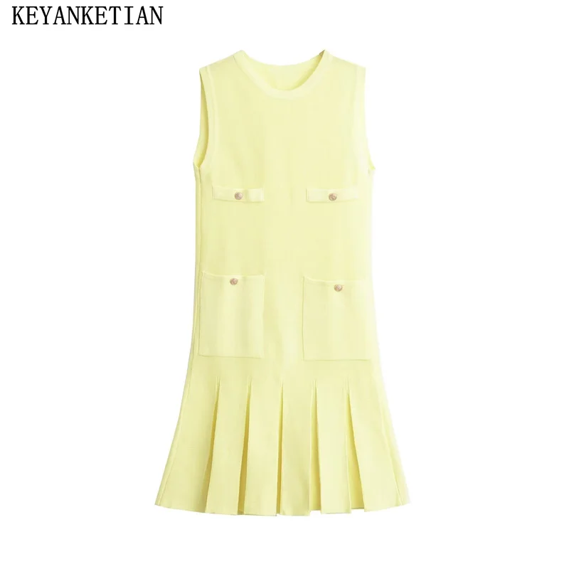 

KEYANKETIAN 2024 New Launch Women's Pale Yellow Knitted Pleated Dress Summer Fashion Pockets O-Neck Sleeveless A-line Mini Dress