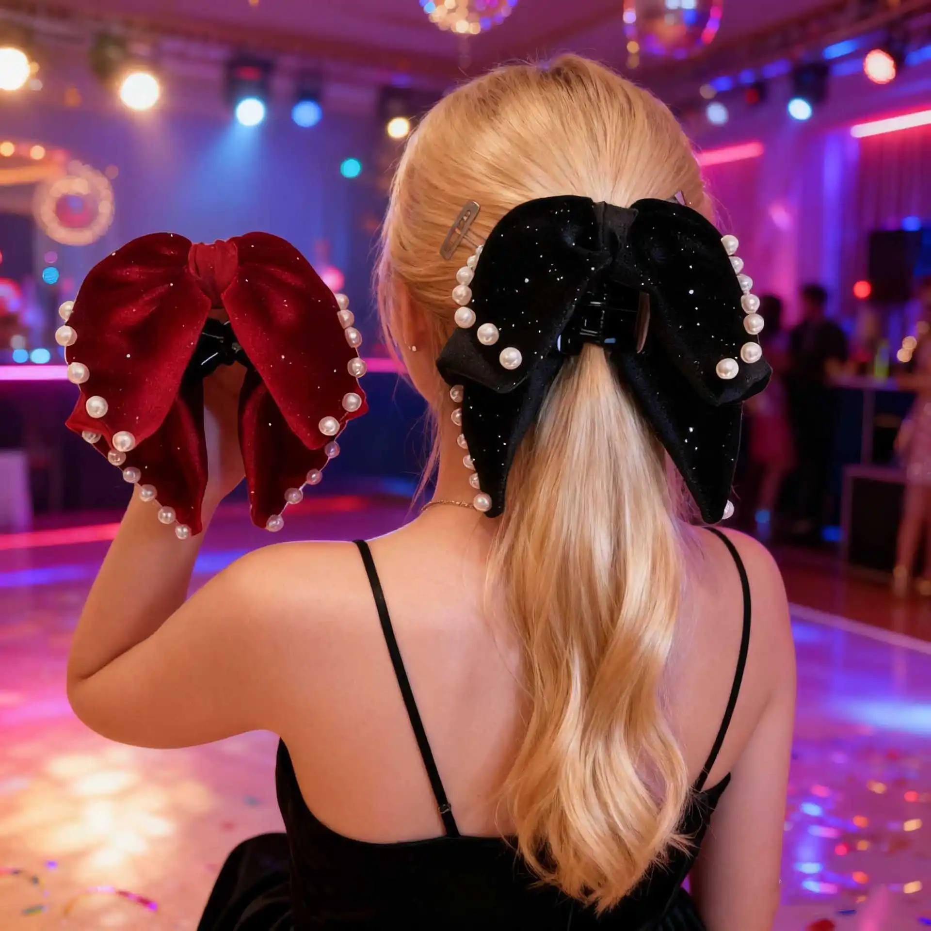 1PC Women's Sparkly Velvet Bow Hair Clips With Pearls Black & Burgundy Fashion Hair Accessories Elegant Party Hair Decoration