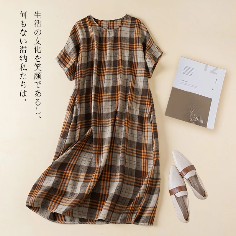 

2023 New Arrival Summer Arts Style Women Casual Loose Vintage Plaid Print O-neck Short Sleeve Cotton Mid-calf Dresses V486