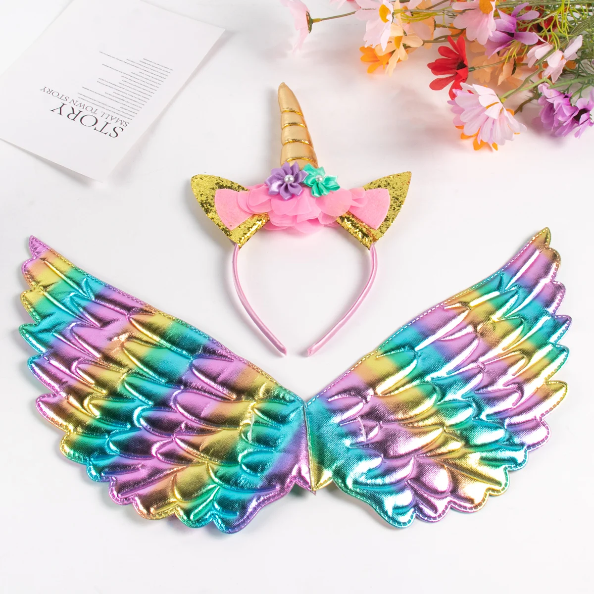 Unicorn Headband Cute Unicorn Headband with Angel Wings Rainbow Unicorn Princess Costume for Girl Birthday Party Halloween Decoration Photo Props