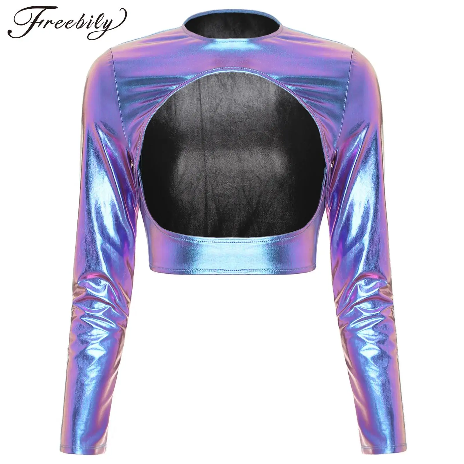 

Womens Metallic Shiny Cut Out Crop Top Long Sleeve Open Front Tee Tops for Disco Bar Rave Party Costume Femme Sexy Clubwear
