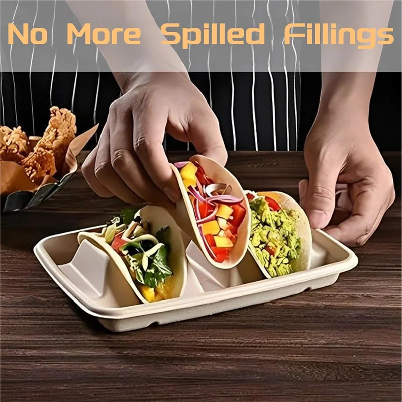 Hot Selling-50 Pieces Biodegradable Disposable Taco Holder, 3 Compartments Paper Taco Plates, Made Of Sugarcane Fibers For Party
