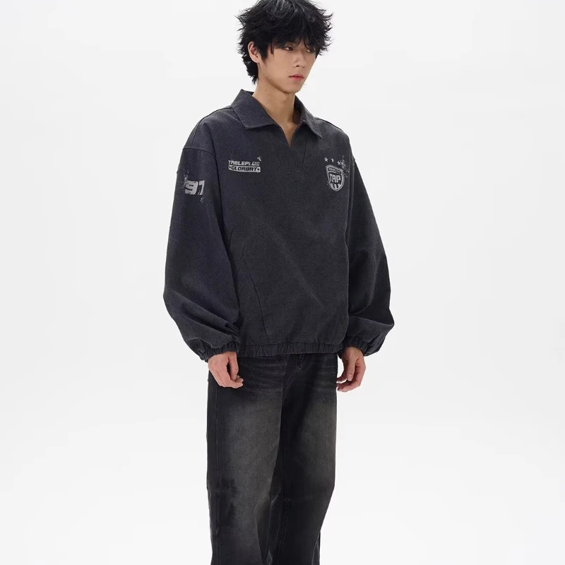 Spring Trendy Mens Tops Letter Printing College Unisex Sweatshirt Street Fashion Loose Washed Lapel Male Pullover New