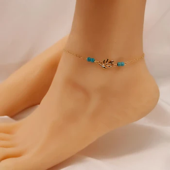 새로운 보헤미안 스타일 구두 골드 도금 녹색 청록색 잎 여성 성격 간단한 크리 에이 티브 비치 발 액세서리 21cm 긴
